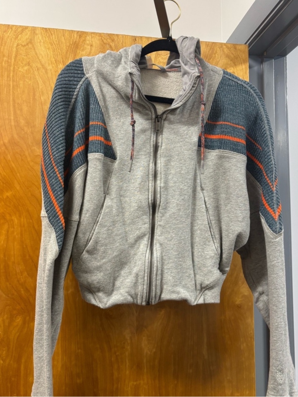 Free People Movement Men's Gray Zip-Up Hoodie with Blue & Orange Accents